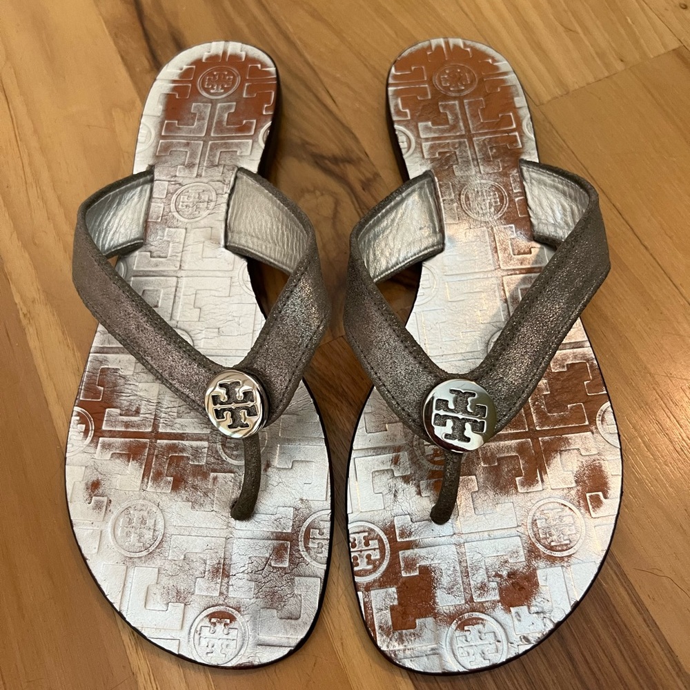 Tory Burch Silver Flip Flops